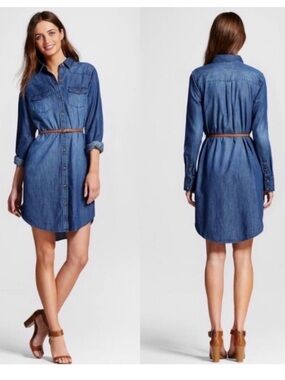 MERONA Denim Chambray Shirt Dress Blue Cotton Button Down Large